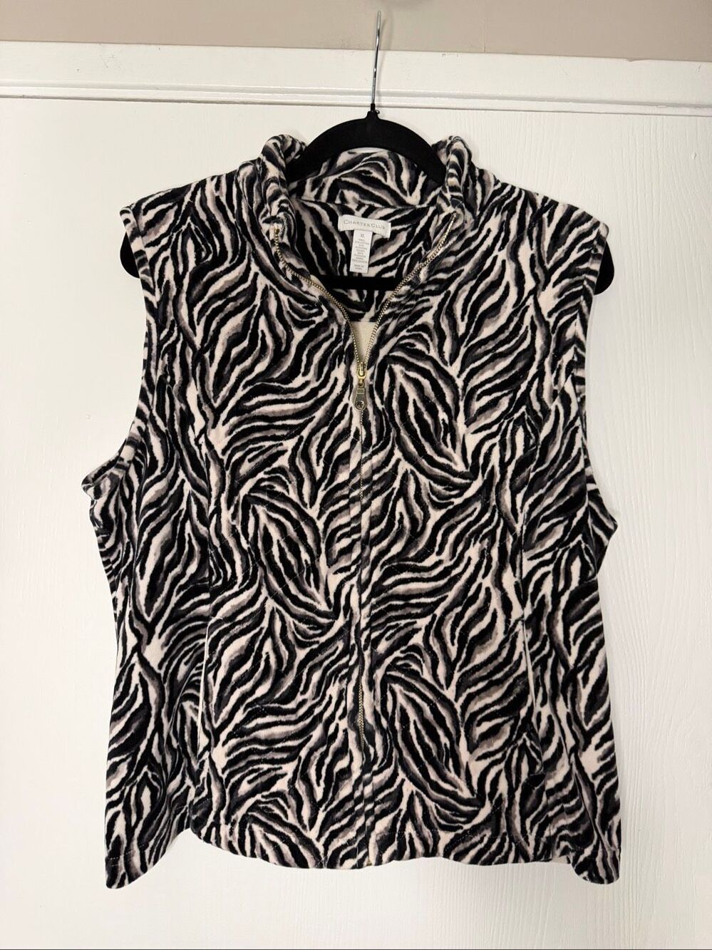 Charter Club Zebra Print Fleece Vest Black White Full Zip Sleeveless Jacket Sz X